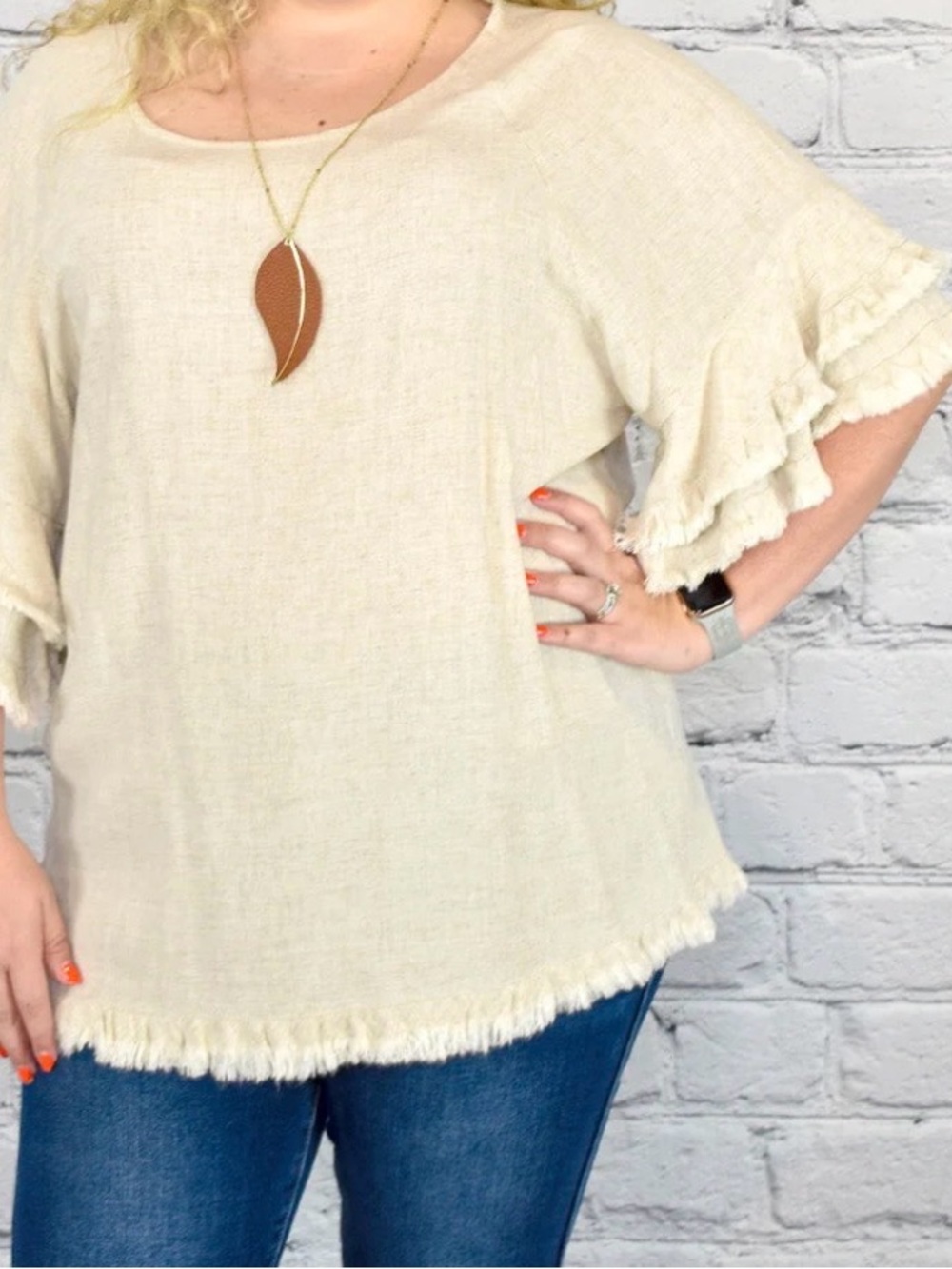 NWOT Double Ruffle Sleeve Linen Tunic Top with Frayed Hem in Plus Size 1